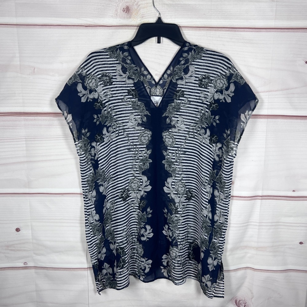 CAbi Top Womens Medium Blue Floral Stripe V-Neck Sheer Chiffon Blouse Sheer Boho
